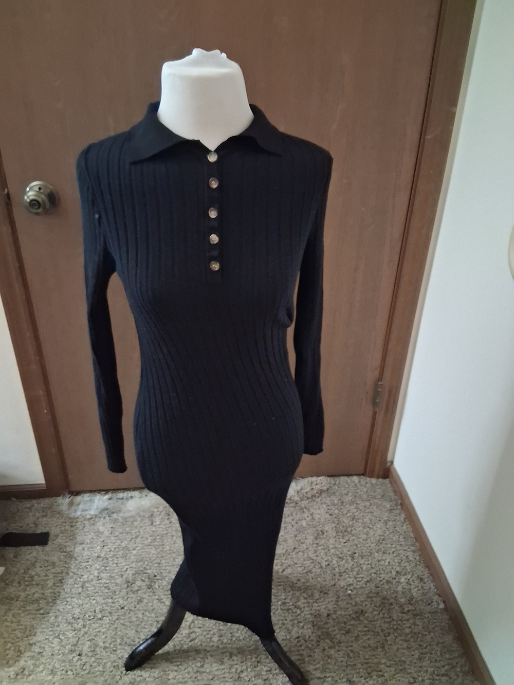 Ribbed Long-Sleeve Polo Midi Dress - Black